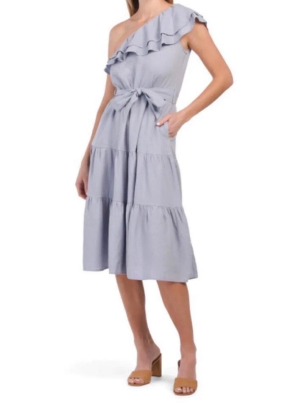 Nicole Miller One-Shoulder Dusty Blue Tiered Midi Dress